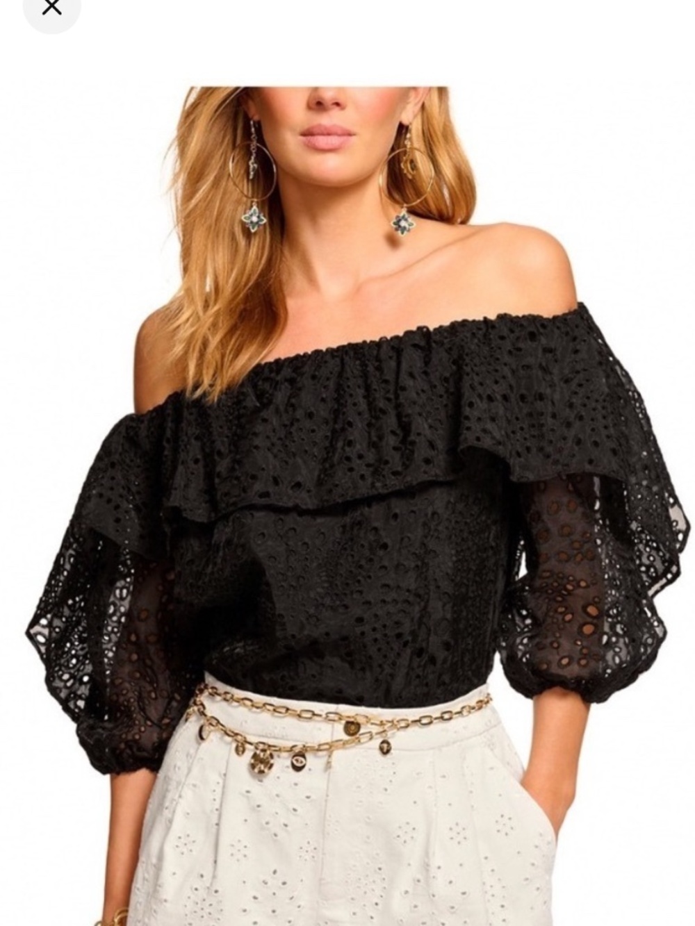 Ramy Brook black eyelet off the shoulder top,  size XL $355
